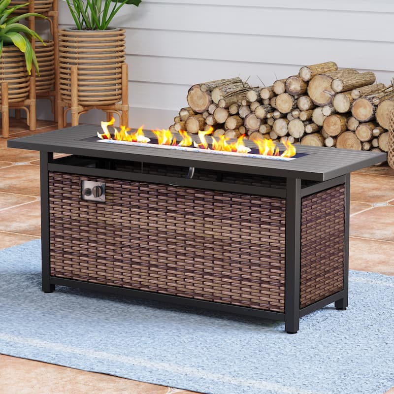 Outdoor Propane Fire Pit Table - 32/45/56 Inch, 50,000 BTU, Rattan/Black Finish, Includes Lid & Fire Glass