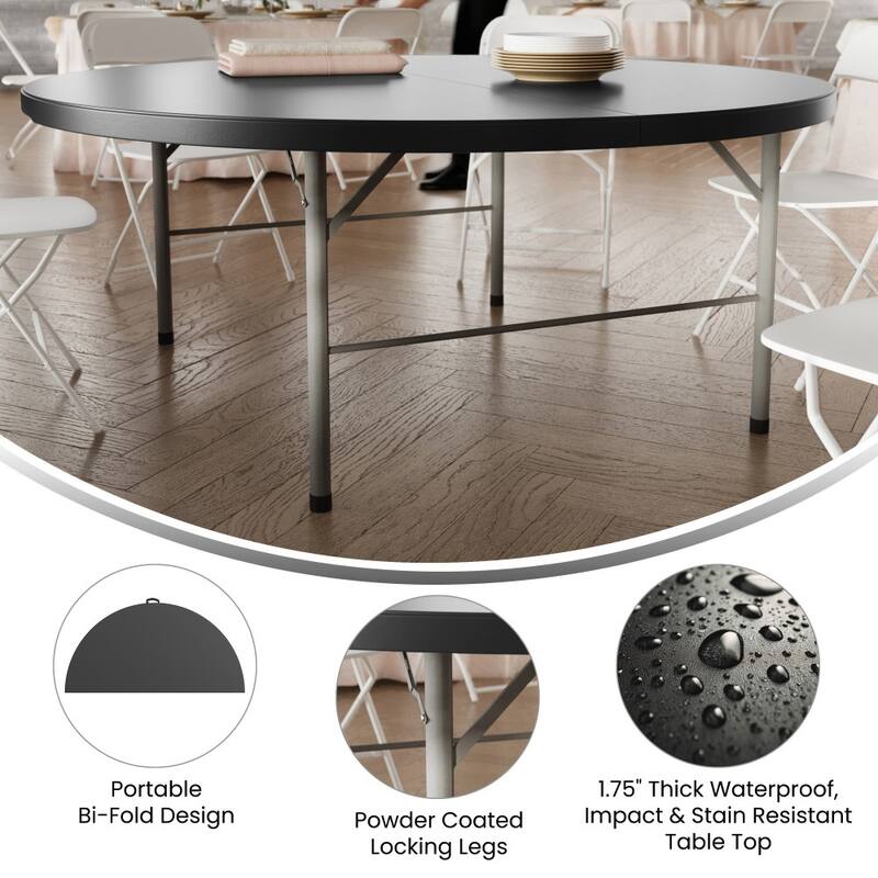 5.89-Foot Round Bi-Fold Plastic Banquet Folding Table with Handle - 70.75"D x 70.75"W x 29"H