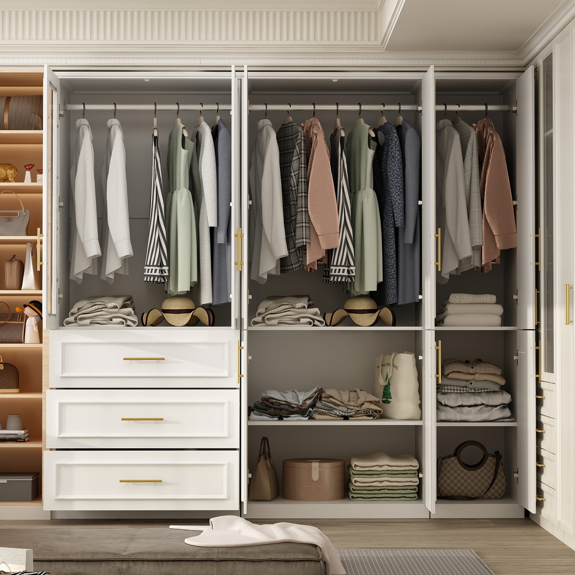 armoire dressing Nestfair 3-Door White 41.3 in. Wardrobe with 2-Drawers, Top Cabinet and Mirror WRLE0005K length little girls mirror is a darling addition to a bedroom 74.8"H Large Modular Wardrobe Cloest