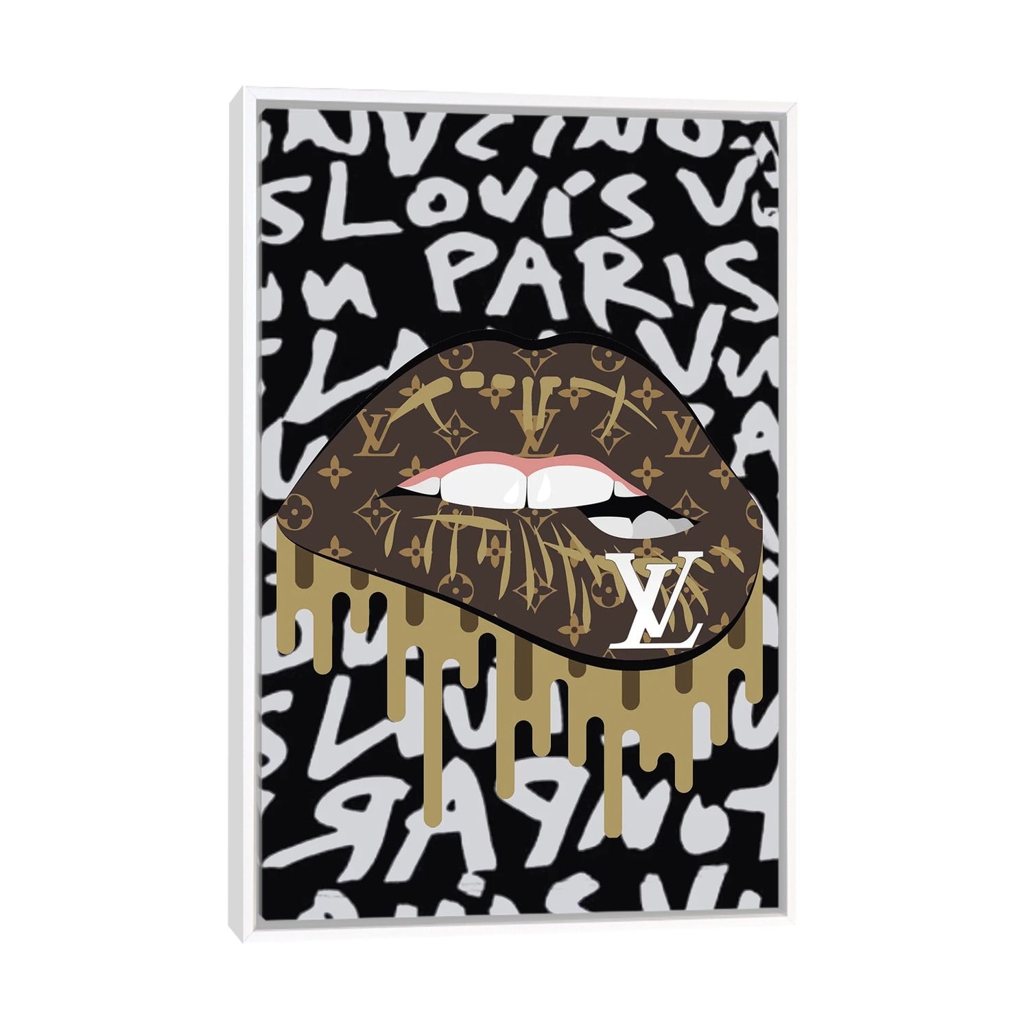 Framed Canvas Art (Gold Floating Frame) - Louis Vuitton Graffiti Lips by Julie Schreiber ( Fashion > Fashion Brands > Louis Vuitton art) - 40x26 in