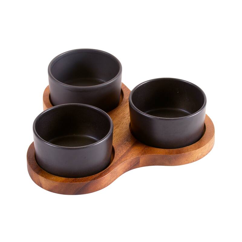 Triangular Serving Set with 3 Black Ceramic Dishes - Brown