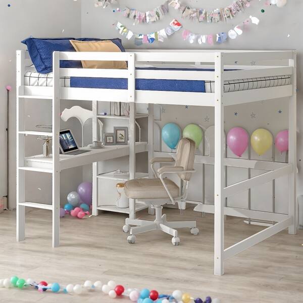 slide 2 of 9, Full Loft Bed Pine Kids Bed with Desk Shelves and Ladder, White White