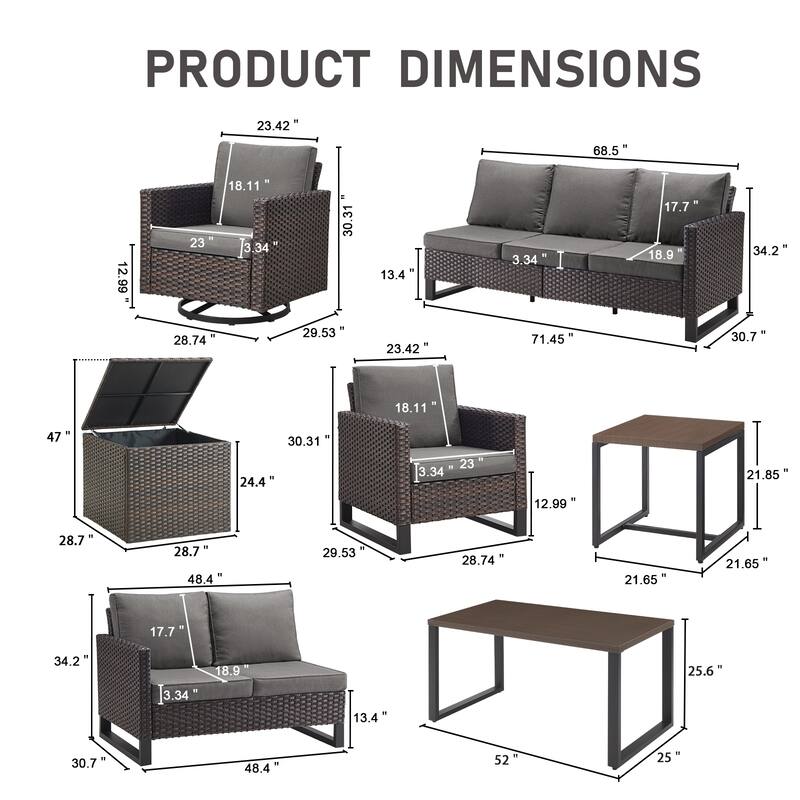 Gymojoy 9 Person Outdoor Courtyard Wicker Family Conversation Set Group With Swivel Chairs And Storage