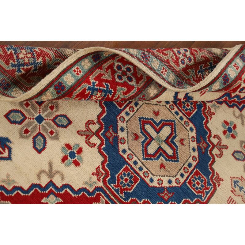 Ivory Geometric Kazak Foyer Rug Handmade Traditional Wool Carpet - 4'1" x 6'0"