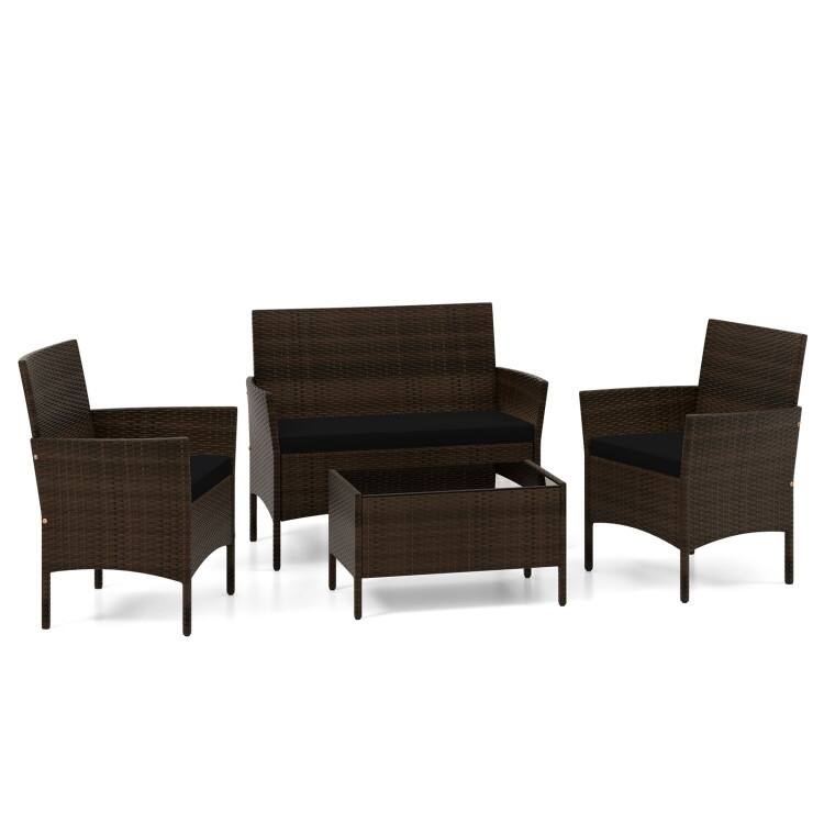 4 Piece Outdoor Rattan Patio Set with Cushions and Glass Table - 39.5" x 22.5" x 32" - Black-Mix Brown