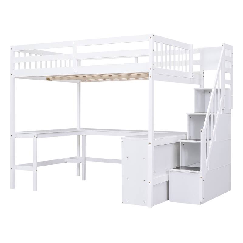 Full Size Loft Bed with L-Shaped Desk, Storage Shelves, and Staircase, White