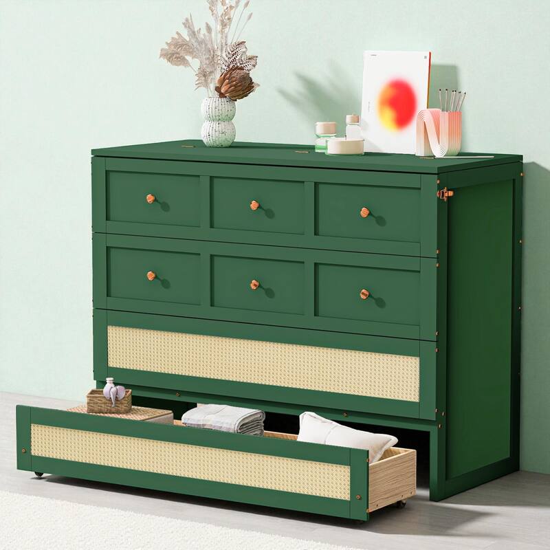 Full Size Murphy Bed with Large Storage Drawers, Space-Saving Foldable Wall Bed with Elegant Front Design