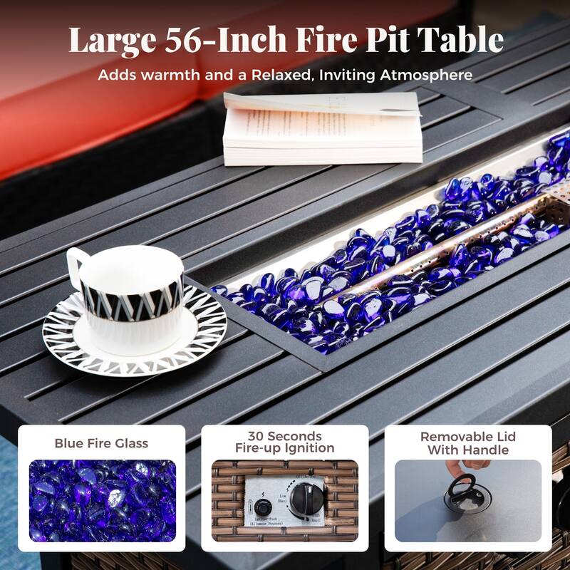 MAISON ARTS Patio Furniture Set with 56" Fire Pit Table, Deep Seating Sofa & Swivel, Rocking, and Fixed Chairs (5 Seats, Beige)