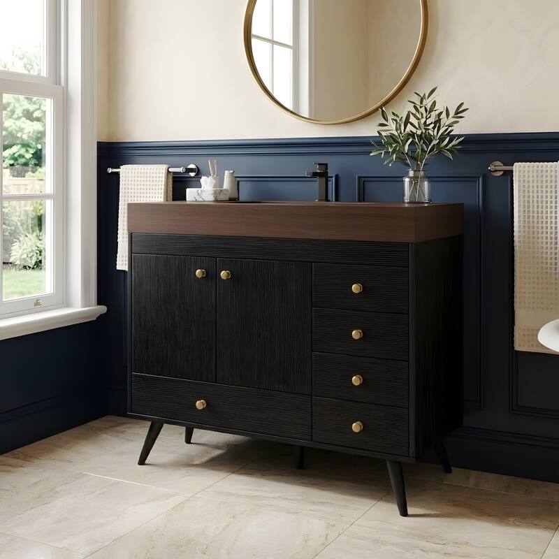 36" Freestanding Bathroom Vanity with Faux Marble Top, Ceramic Sink, 5 Drawers & Stainless Steel Legs