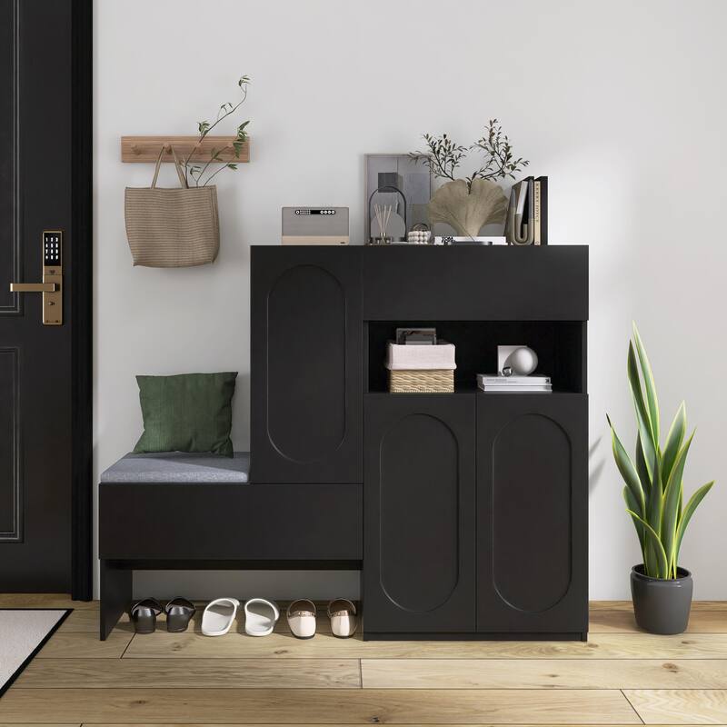 Elegant 2-in-1 Shoe Cabinets with Soft Cushion, Modern Storage Bench with Rebound Devices & Adjustable Shelves - Black - 51.1”W x 13.7”D x 43.3”H