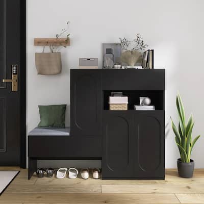 Elegant 2-in-1 Shoe Cabinets with Soft Cushion, Modern Storage Bench with Rebound Devices & Adjustable Shelves