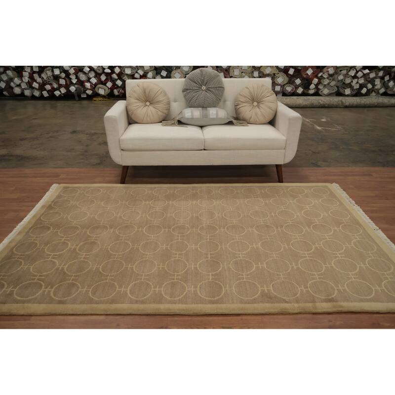 Hand Knotted Oriental 100% Wool Carpet Modern Geometric Brown Nepalese Area Rug - 8' 0'' X 5' 0''