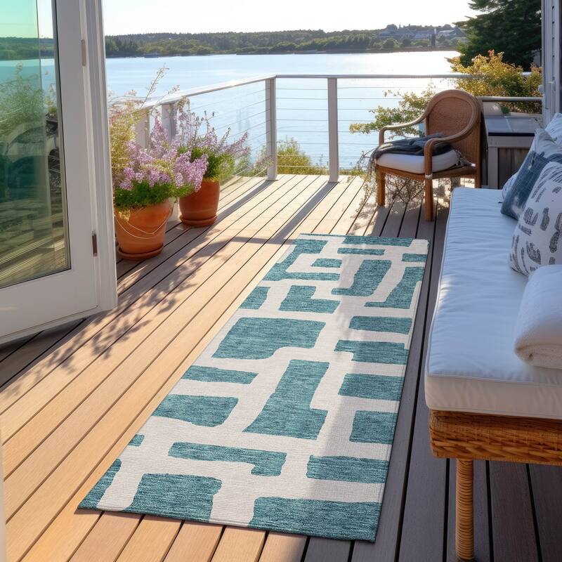 Machine Washable Indoor/ Outdoor Chantille Geo Contemporary Rug - Teal - 2'3" x 7'6"