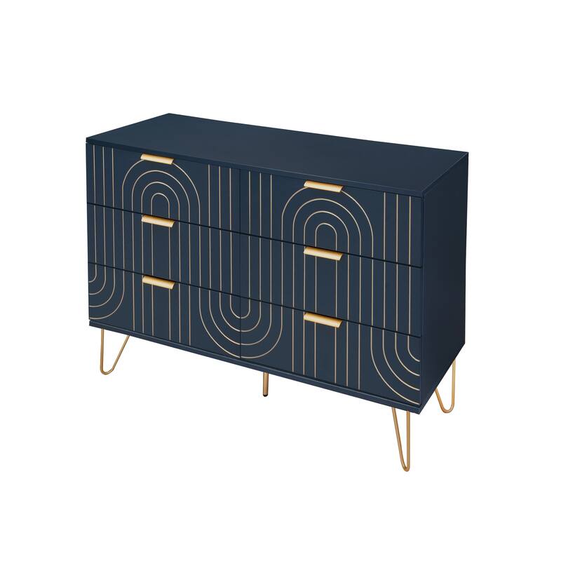 Modern 6-Drawer Double Dresser with Metal Golden Handles and Golden Leg, Storage Cabinet for Bedroom, Living Room