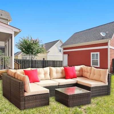 7 Piece Rattan Outdoor Patio Furniture Set, Sofa Set With Glass Table - N/A