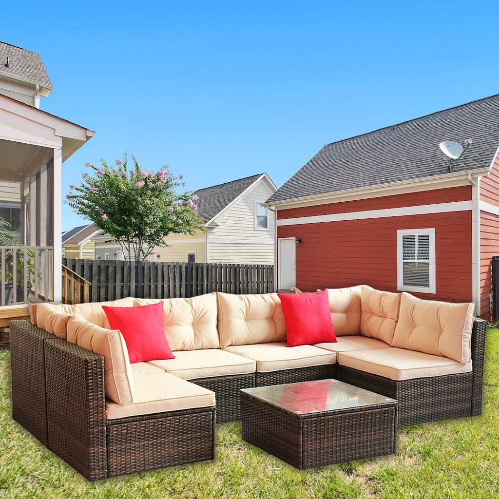 7 Piece Rattan Outdoor Patio Furniture Set, Sofa Set With Glass Table - N/A