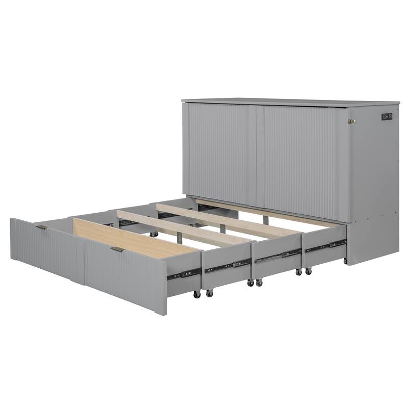 Queen Size Wall Bed with Drawer, USB Ports & Smooth Pulley Mechanism, Space-Saving Gray Cabinet Bed