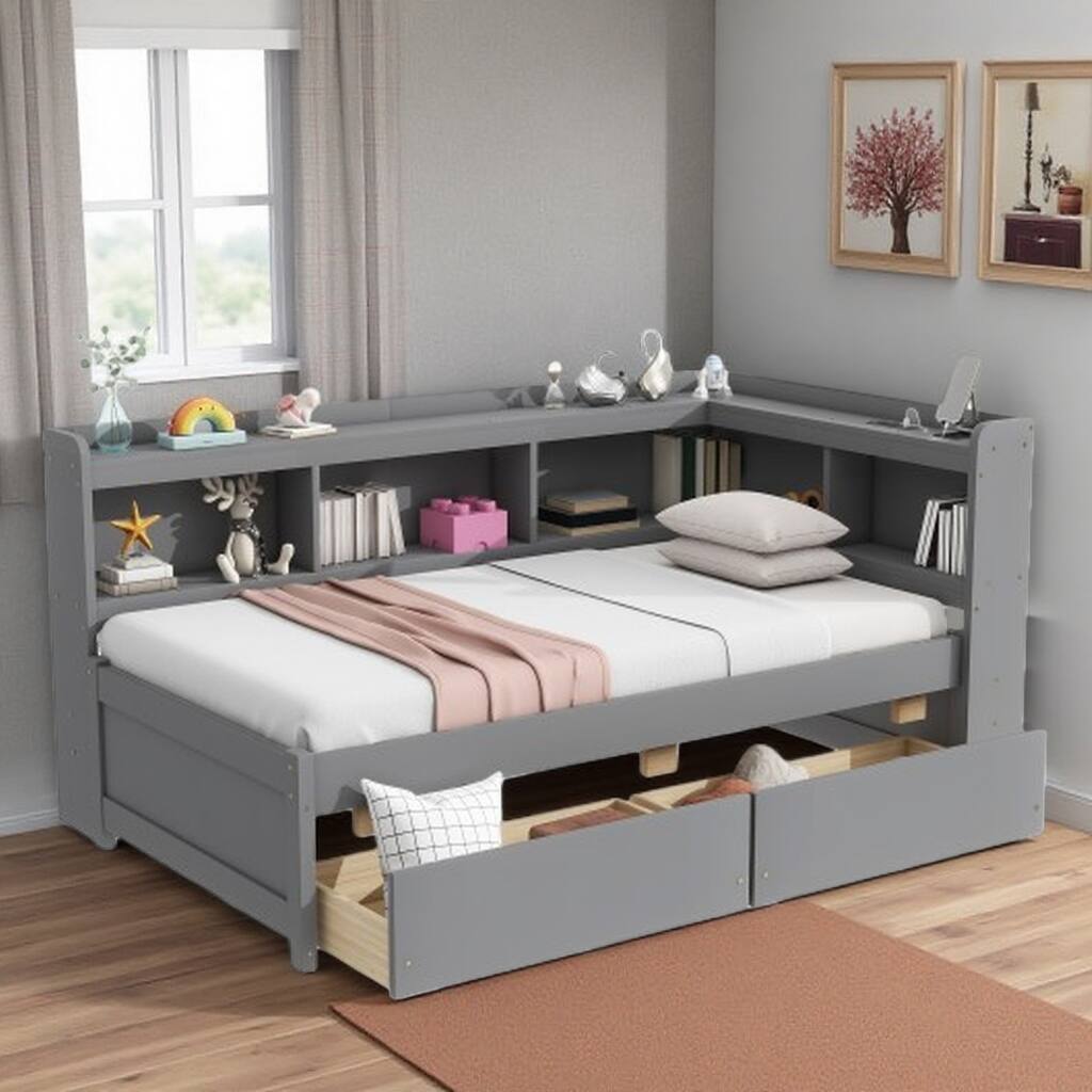 Full Size Bed with L-Shaped Bookcase, USB Charging Ports, 2 Storage Drawers, Power Outlets, and Espresso Finish
