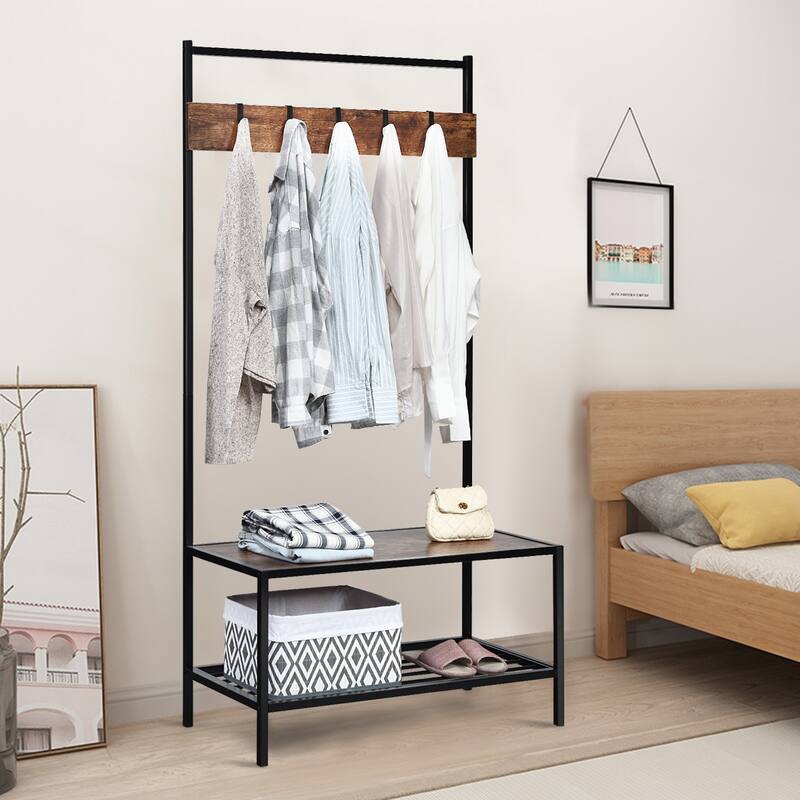 COSTWAY 3 in 1 Industrial Coat Rack Shoe Bench Entryway Hall Tree - 35.5'' x 16'' x 67'' (LxWxH)