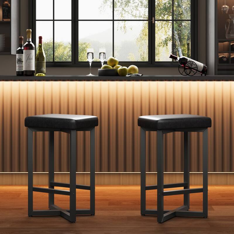 Bar Stools Set of 2, 24.6" Upholstered Counter Height Bar Stools with Metal Frame & Footrest