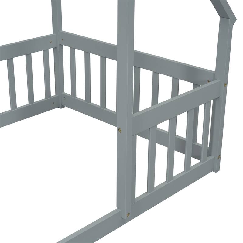 Twin Size Wood House Floor Bed with Fence and Guardrails