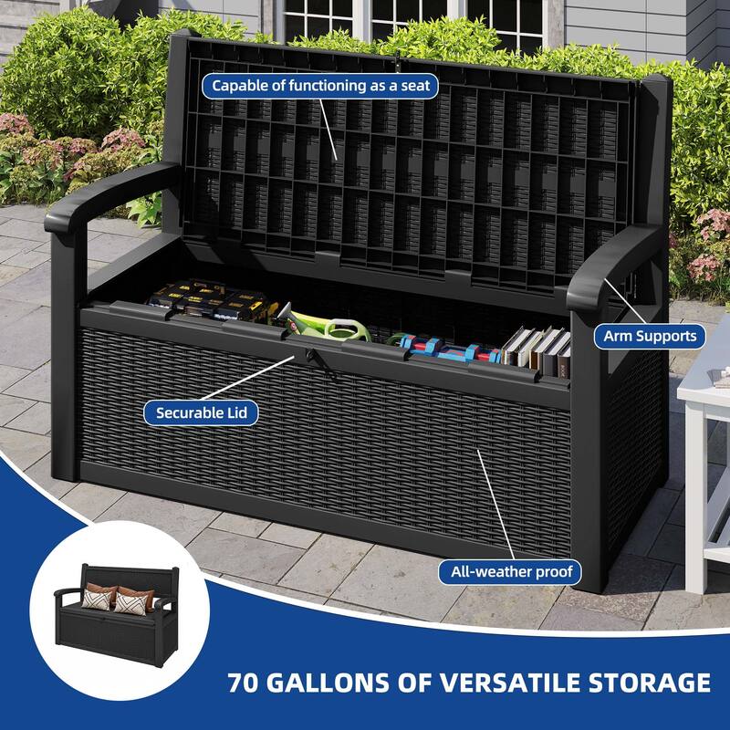 70 Gallon Storage Bench Deck Box for Patio Cushions, Garden Tools and Pool Supplies - 70 Gal