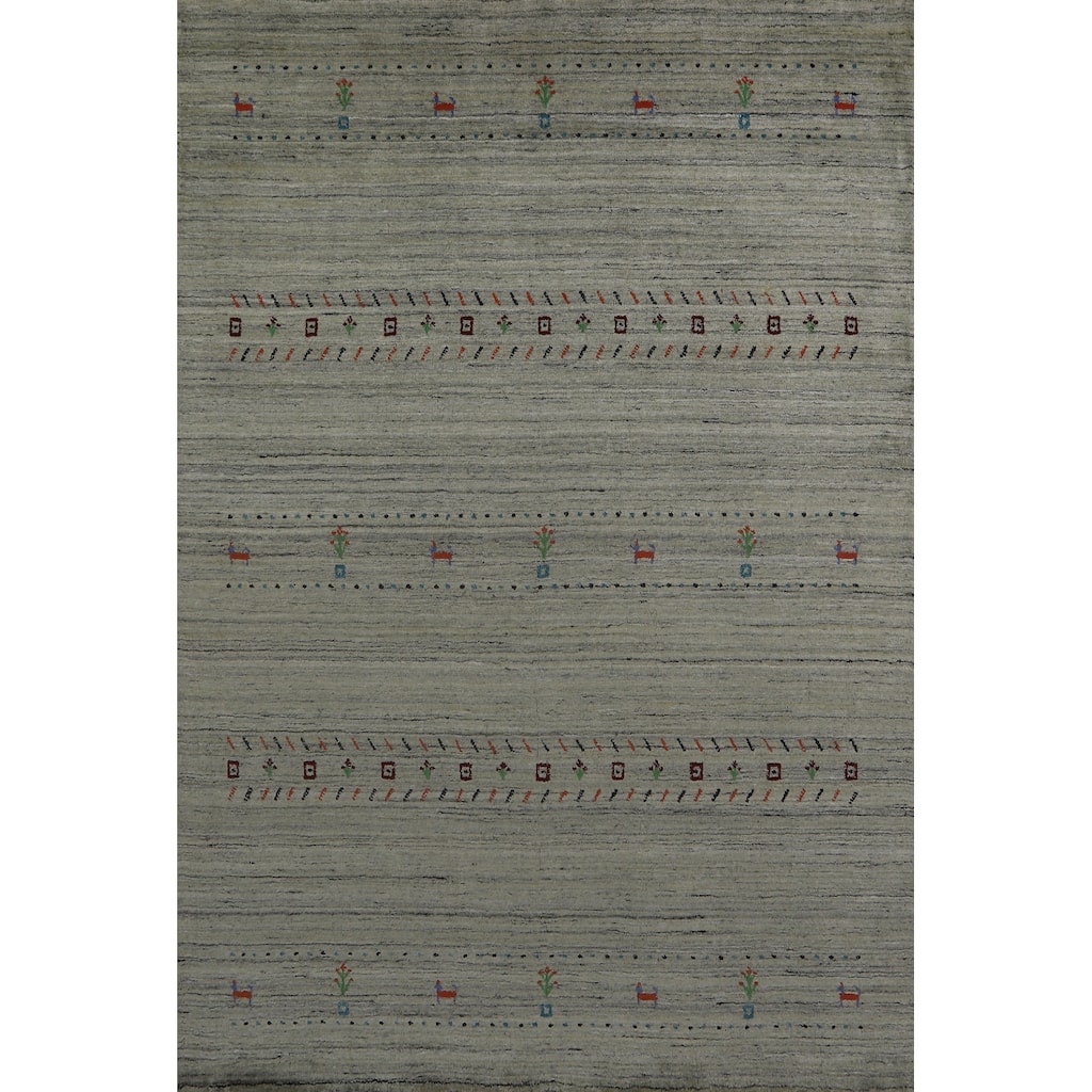 Hand Knotted Oriental 100% Wool Carpet Tribal Animal Pictorial Greys & Charcoal Gabbeh Area Rug - 8' 0'' X 5' 5''