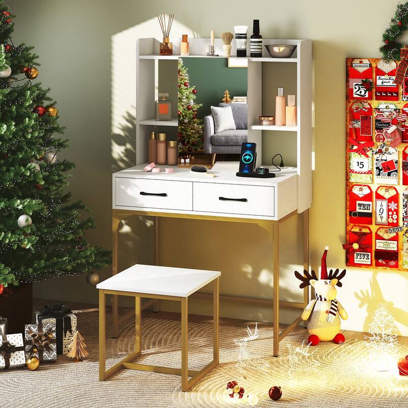 White Engineered Wood Vanity Table Set with Mirror, Charging Ports and Storage Drawers - 32.5" x 19.5" x 54"