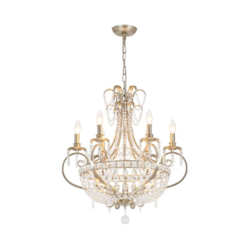 9-Light 24.4" W Crystal Chandelier in Antiqued Brushed Silver with Teardrop Pendants for Use in Living & Dining Room