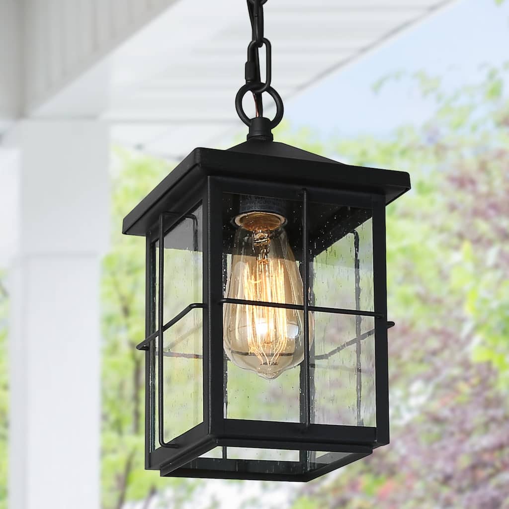 Bern Modern Farmhouse 1-Light Black Outdoor Pendant Light Patio Lantern - L 6" x W 6" x H 11.5"