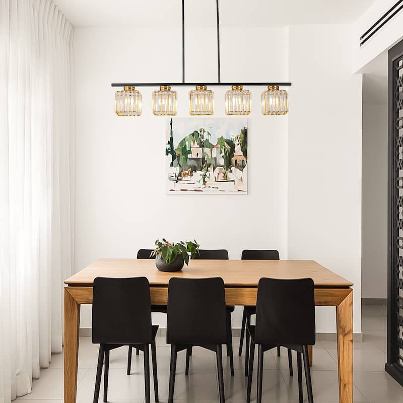 Modern Kitchen Island Lighting 5 Light Linear Chandelier with Crystal Shade - Multi - W 39.37"