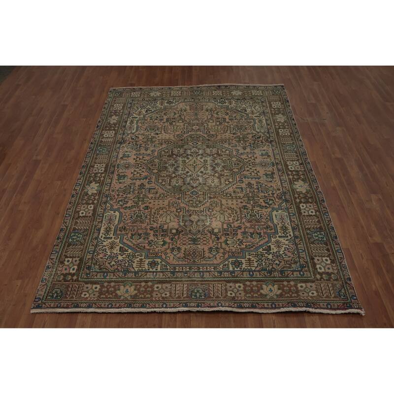 Hand Knotted Oriental 100% Wool Carpet Traditional Medallion Pink Tabriz Area Rug - 9' 8'' X 6' 6''