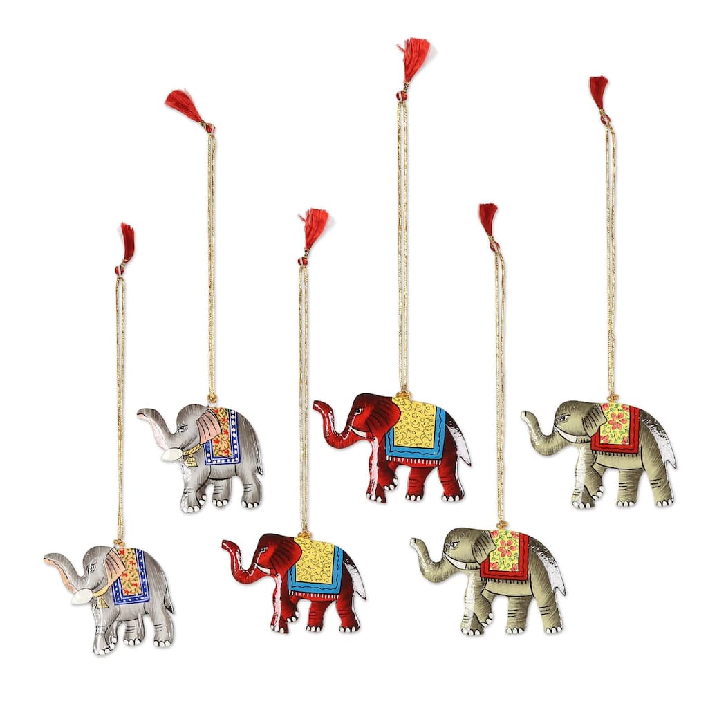 NOVICA Festive Elephants, Wood ornaments (set of 6) - 0.2" D