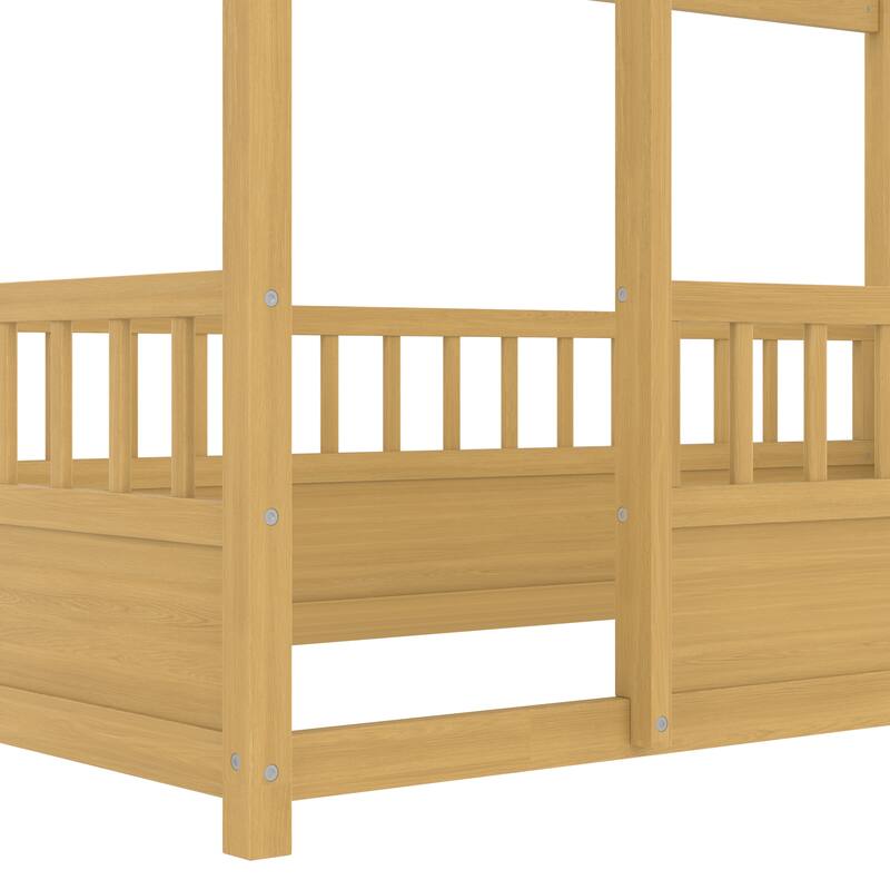 Natural Wooden Montessori Toddler Bed Floor House Bed Frame with Safety High Fence, Open Entran and Roof Design