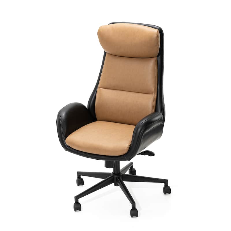 Glitzhome Modern Two-tone Faux Leather and Fabric Combination Gaslift Adjustable Swivel High Back Office Chair with Area Rug