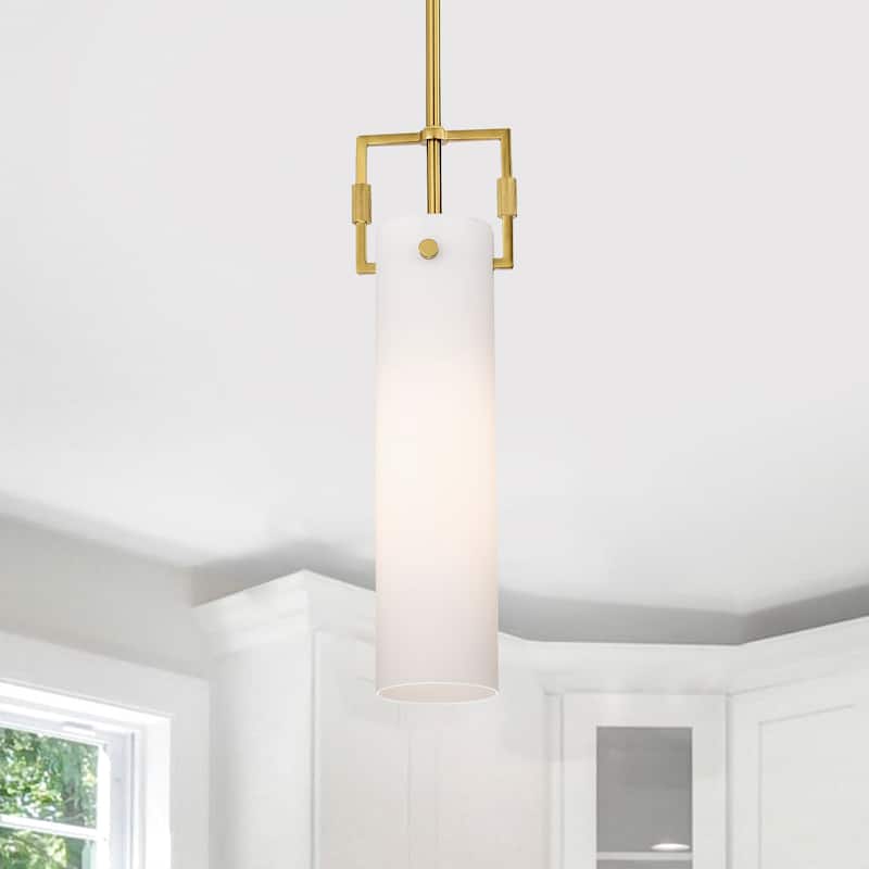 1-Light Gold Mini Pendant with White Cylindrical Glass Shade