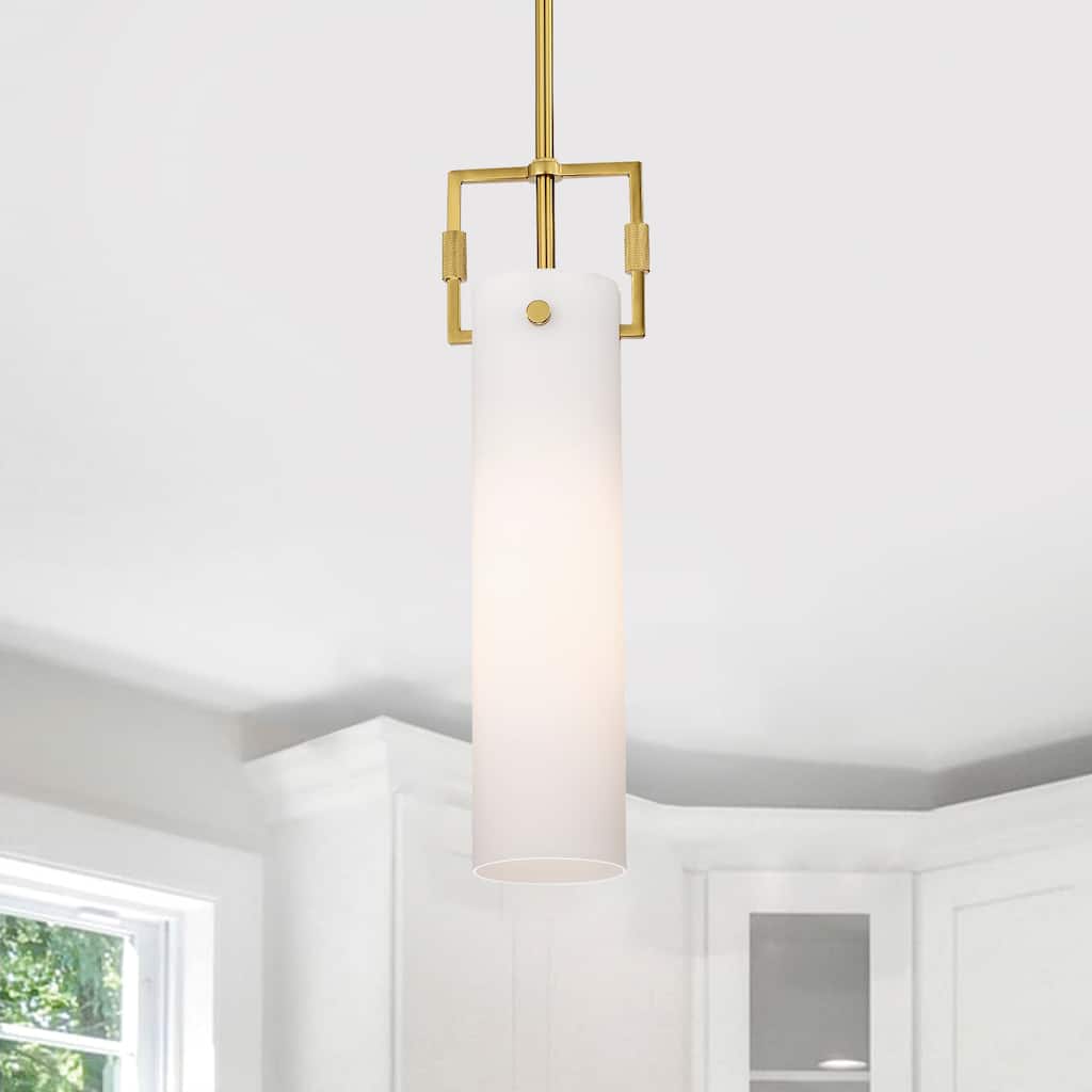 1-Light Gold Mini Pendant with White Cylindrical Glass Shade