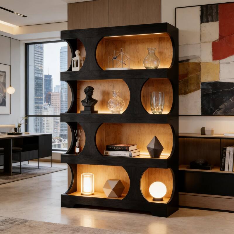 S-Shaped Bookshelf, Contemporary Freestanding Bookcase with Generous Display Space