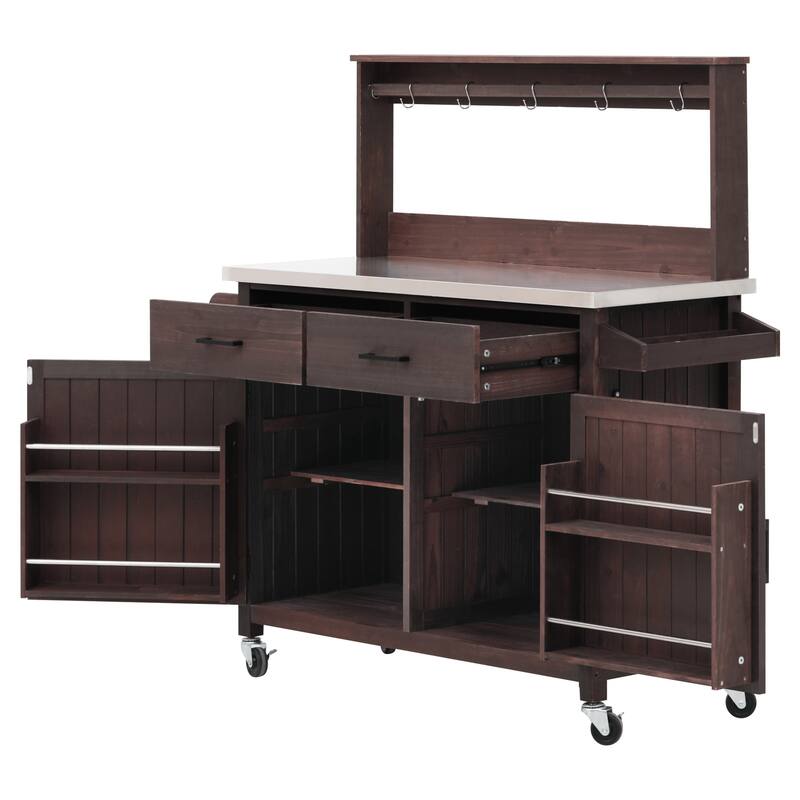 54.1" Outdoor Kitchen Island with High Shelf, Large Outdoor Potting Table with Top and Storage Cabinet, With Lockable Wheels