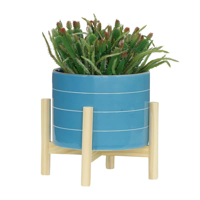 Sagebrook Home Ceramic Planter on Wooden Base Contemporary Coastal Sky Blue and White Striped Design Indoor or Outdoor