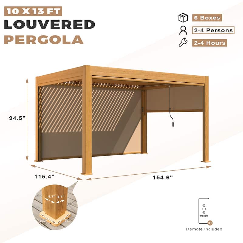 EROMMY Outdoor Louvered Pergola Gazebo with Adjustable Aluminum Rainproof Roof and Pull-Down Screen