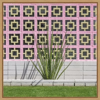 Mid Century Breeze Block Wall with Cactus by Tom Windeknecht Framed Canvas Wall Art Print - Sylvie Natural