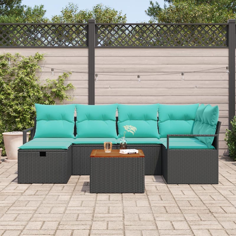 vidaXL 7 Piece Garden Sofa Set with Cushions Black Poly Rattan - 91.3×48×27.2