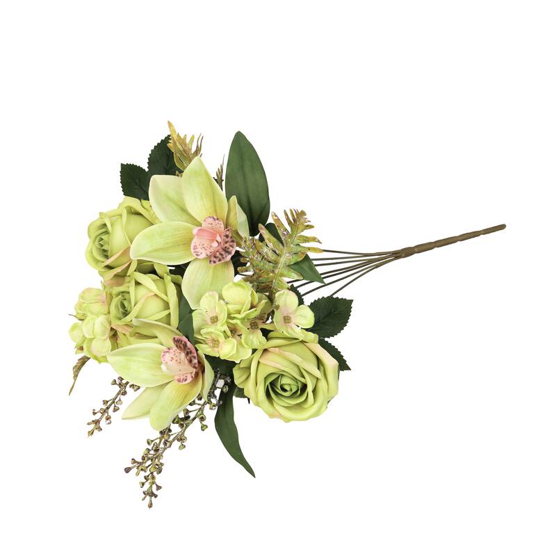 Set of 2 Green Artificial Mixed Rose Cymbidium Orchid Hydrangea Flower Stem Bush Bouquet 16in - 16" L x 9" W x 9" DP