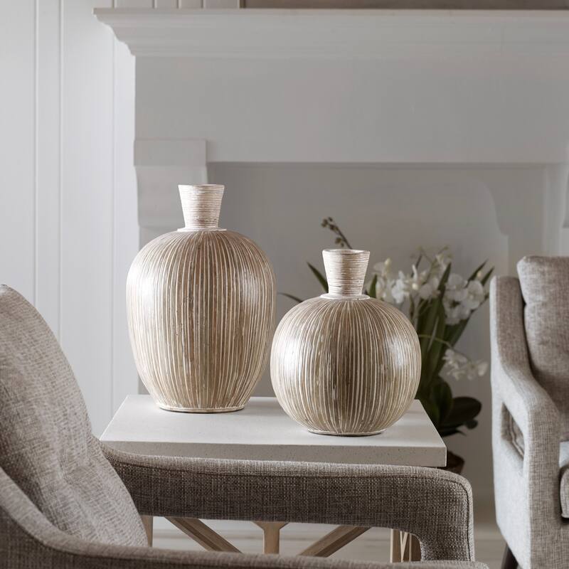 Stripe Motif Terracotta Vases - 16" - Set of 2
