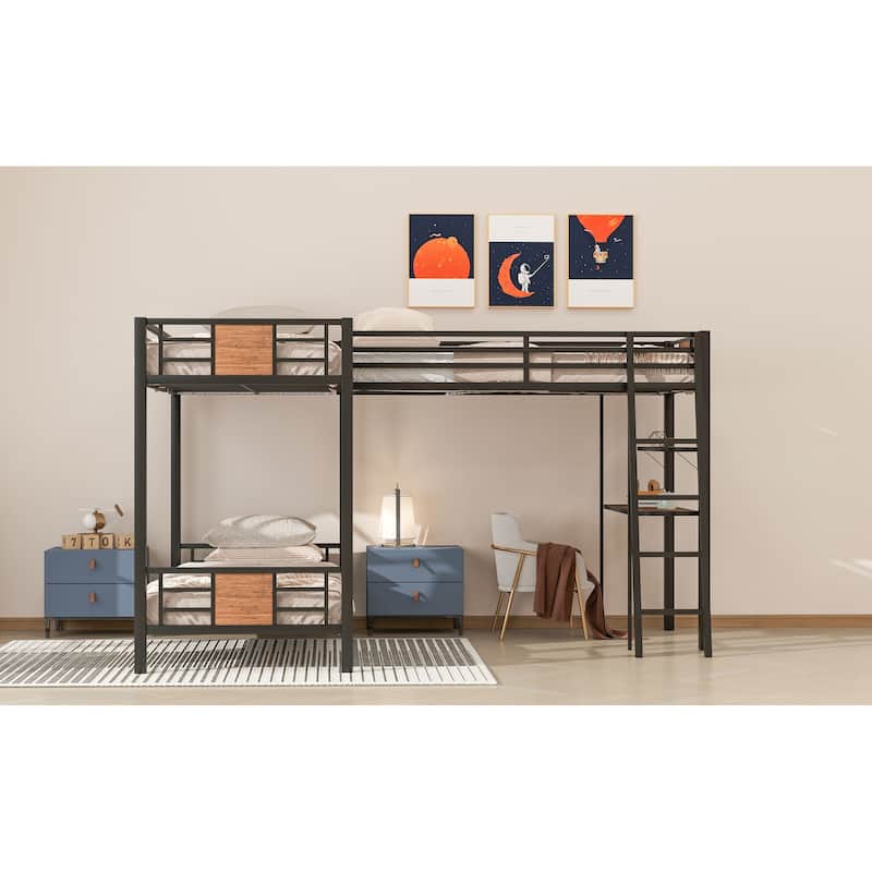 L-Shaped Twin over Twin Bunk Bed with Loft Bed, Desk, and Shelf, Brown