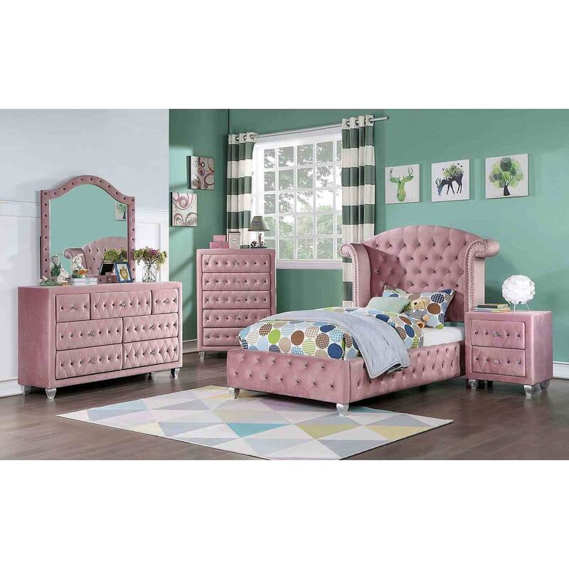 Glam Style Pink Upholstered Bedroom Set with Crystal Tufting - Full - 6 Piece