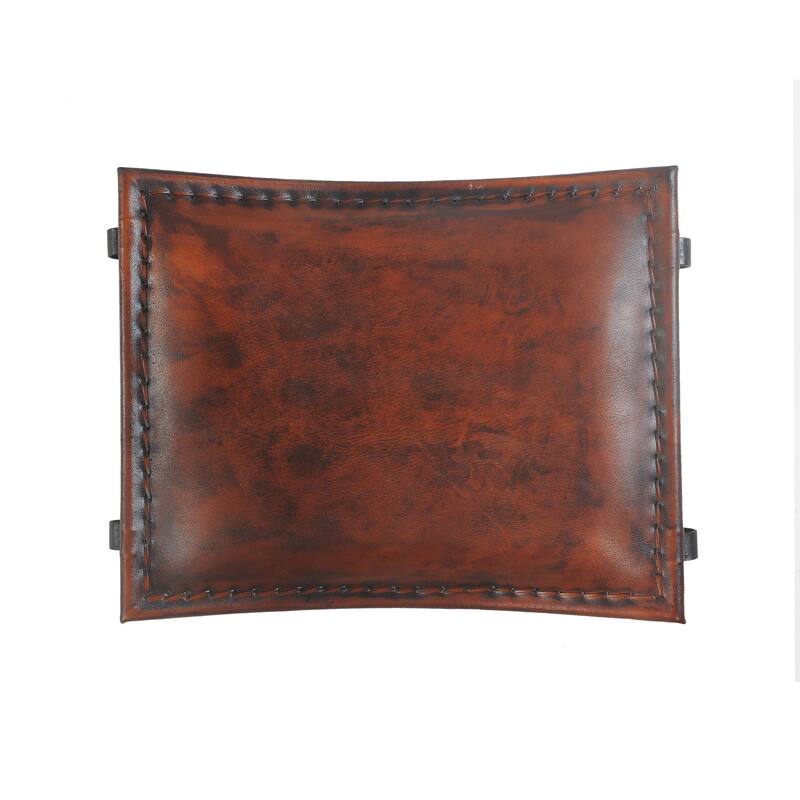Sevita Theo Artisan Handmade Leather and Iron Accent Stool, 21" L x 17.5" W x 18" H