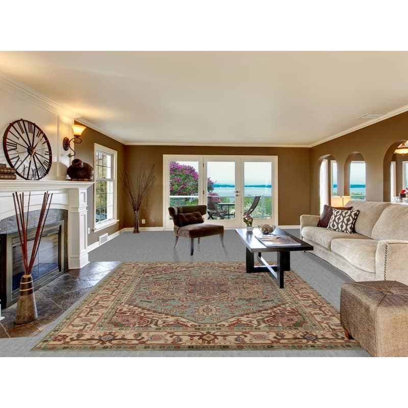 Light Blue Geometric Heriz Serapi Indian Area Rug Handmade Wool Carpet - 7'9" x 9'10"