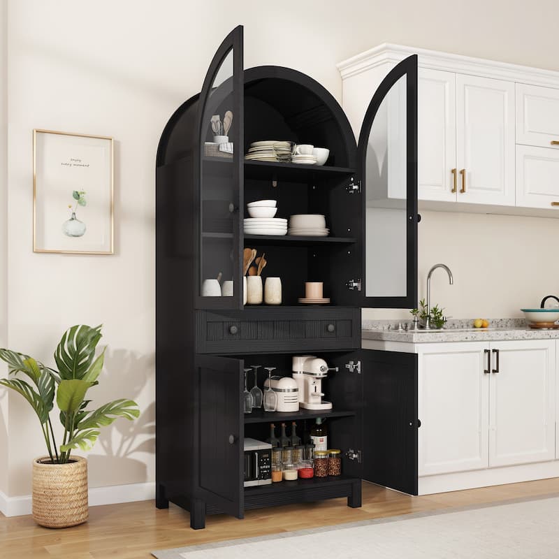 71 Inch Tall Farmhouse Arched Pantry Cabinet with Large Drawers and Adjustable Shelves for Kitchen Storage Organization